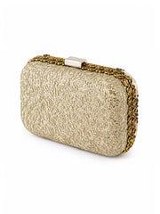 Rani Meher clutch bag back panel in textured gold brocade fabric with jeweled gold trim along the edge