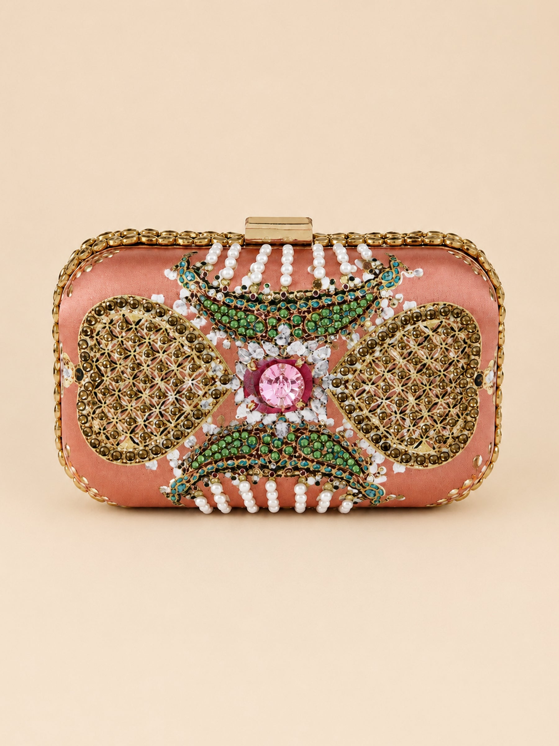 Amber Royale Bag, a peach box clutch with gold beaded scallop medallions, green and white crystal paisley motifs, and a pink stone centerpiece, front view