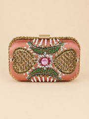 Amber Royale Bag, a peach box clutch with gold beaded scallop medallions, green and white crystal paisley motifs, and a pink stone centerpiece, front view