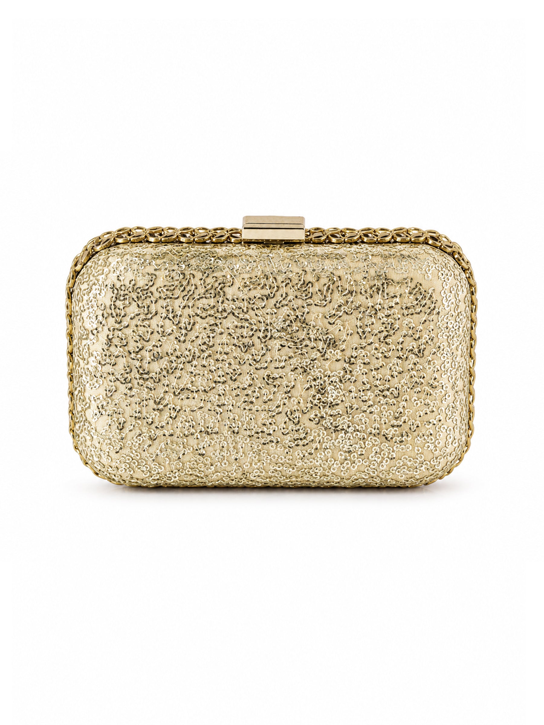 Amber Royale Bag in a gold sequined colorway, box clutch with gold chain-link trim, front view on white background