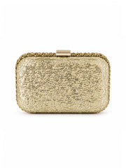 Amber Royale Bag in a gold sequined colorway, box clutch with gold chain-link trim, front view on white background