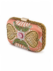 Amber Royale Bag, three-quarter view of the peach box clutch with gold beaded medallions and green crystal paisley detailing