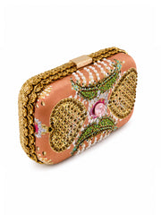 Amber Royale Bag, angled view of the peach box clutch showing its gold beaded border and crystal-embellished lid