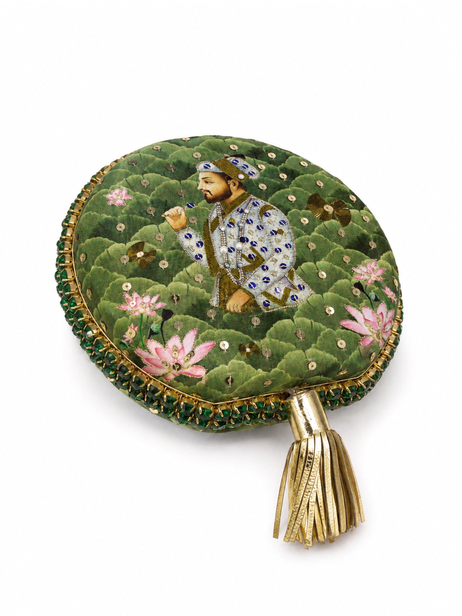Angled view of the Mughal E Taj Embroidered Clutch showing the miniature nobleman portrait, emerald beaded border, and gold tassel.