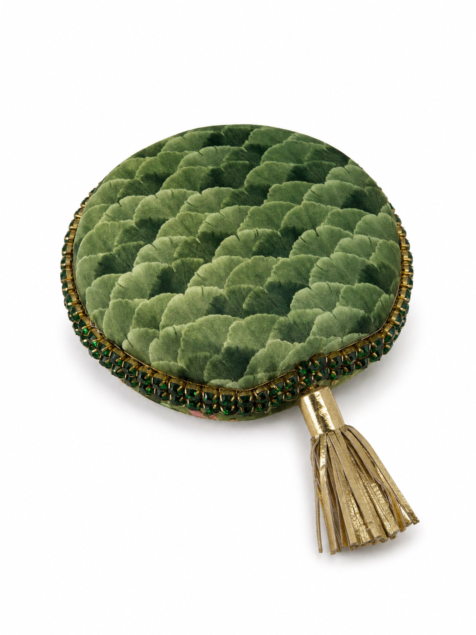 Back of the Mughal E Taj Embroidered Clutch in plain green scalloped velvet with an emerald beaded border and gold tassel.