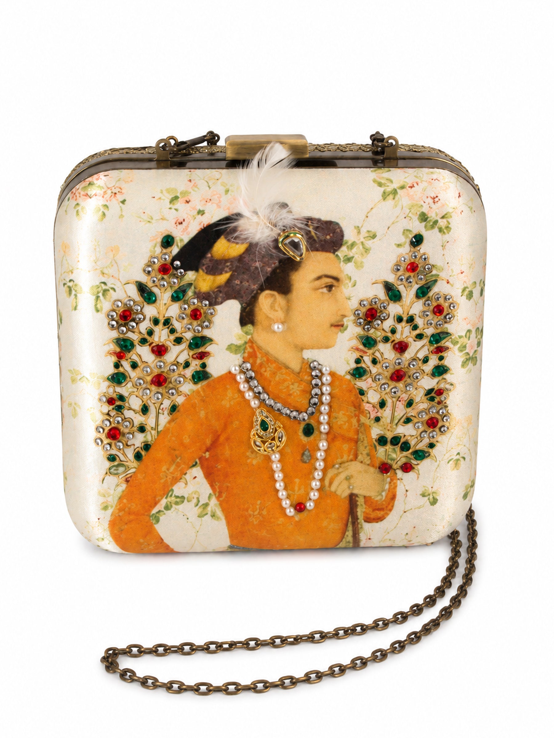 Front view of the Shahjahan Clutch on its antique gold chain strap, a square box clutch printed with a Mughal-style miniature portrait of a nobleman in an orange robe and jeweled turban, flanked by gem-encrusted floral sprays.
