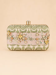 Front view of the Garden of Jewels Clasp Clutch, a rectangular box clutch with green paisley-patterned fabric panels, a pink floral center band embellished with pearl and crystal flower clusters, and a gold clasp with a crystal stone.
