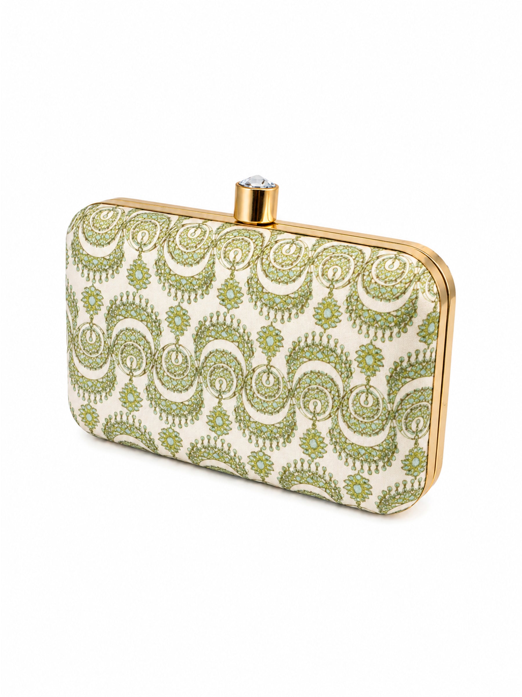 Angled side view of the Garden of Jewels Clasp Clutch showing the plain green paisley-patterned fabric back panel and gold frame with crystal clasp.