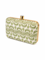 Angled side view of the Garden of Jewels Clasp Clutch showing the plain green paisley-patterned fabric back panel and gold frame with crystal clasp.