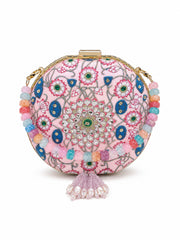 Kamal Bagh Embroidered Clutch, round pink clutch with lotus mandala embroidery, multicolor beaded chain strap, and pearl tassel, front view