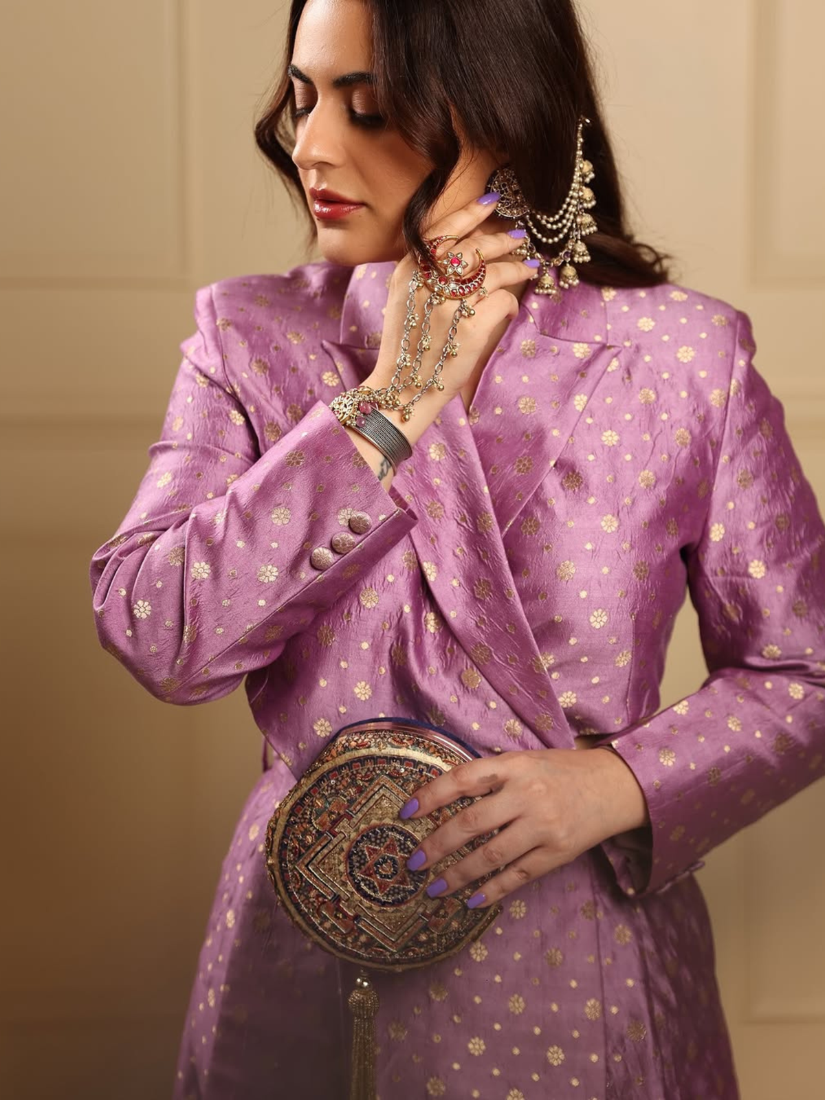 Shehreen Wearing Mandala Sitara Embroidered Festive Clutch Black Satin Minaudière