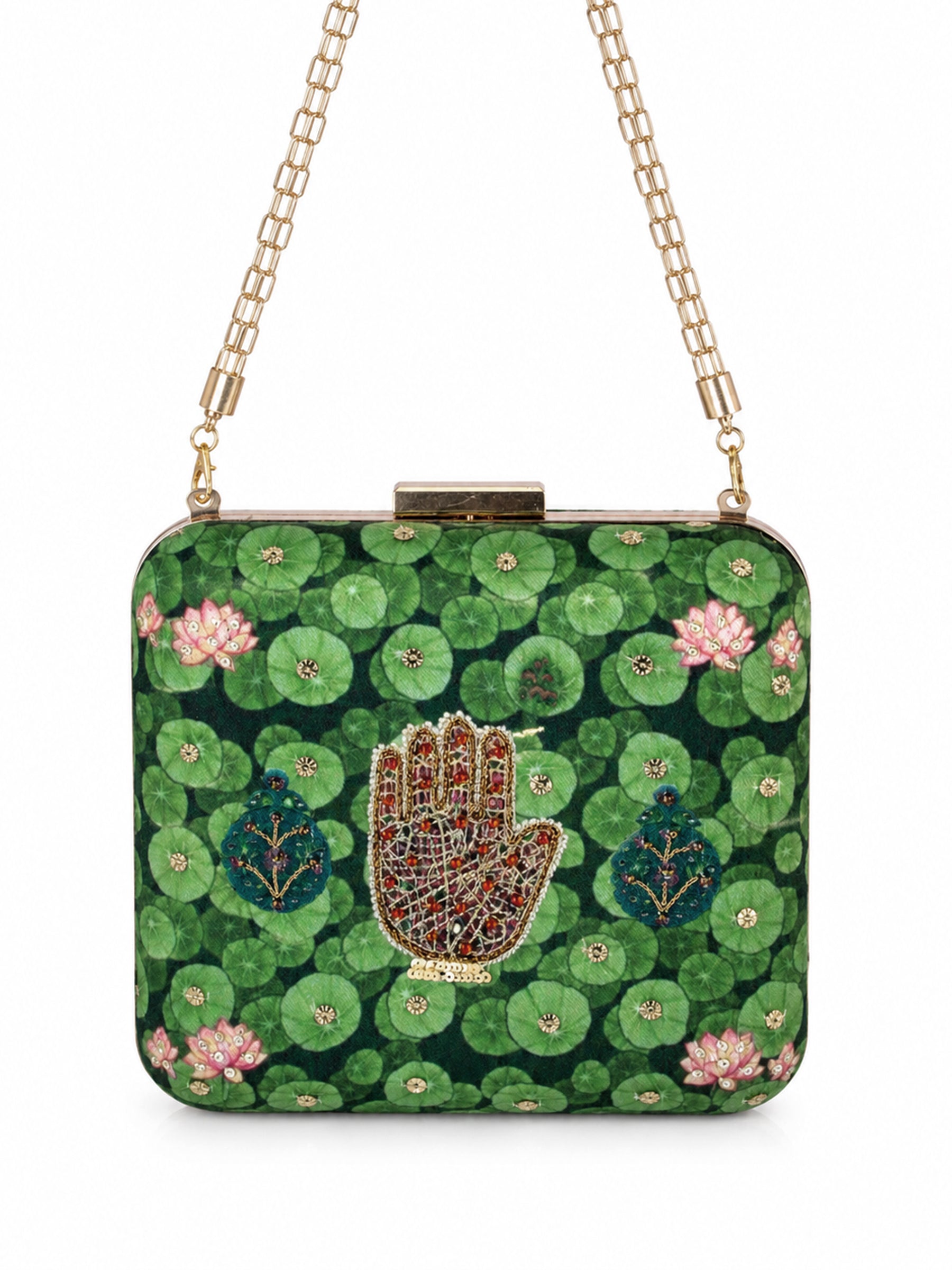 Front view of the Hastkala Embroidered Clutch on its gold chain strap, showing the lily pad print and beaded hand motif.