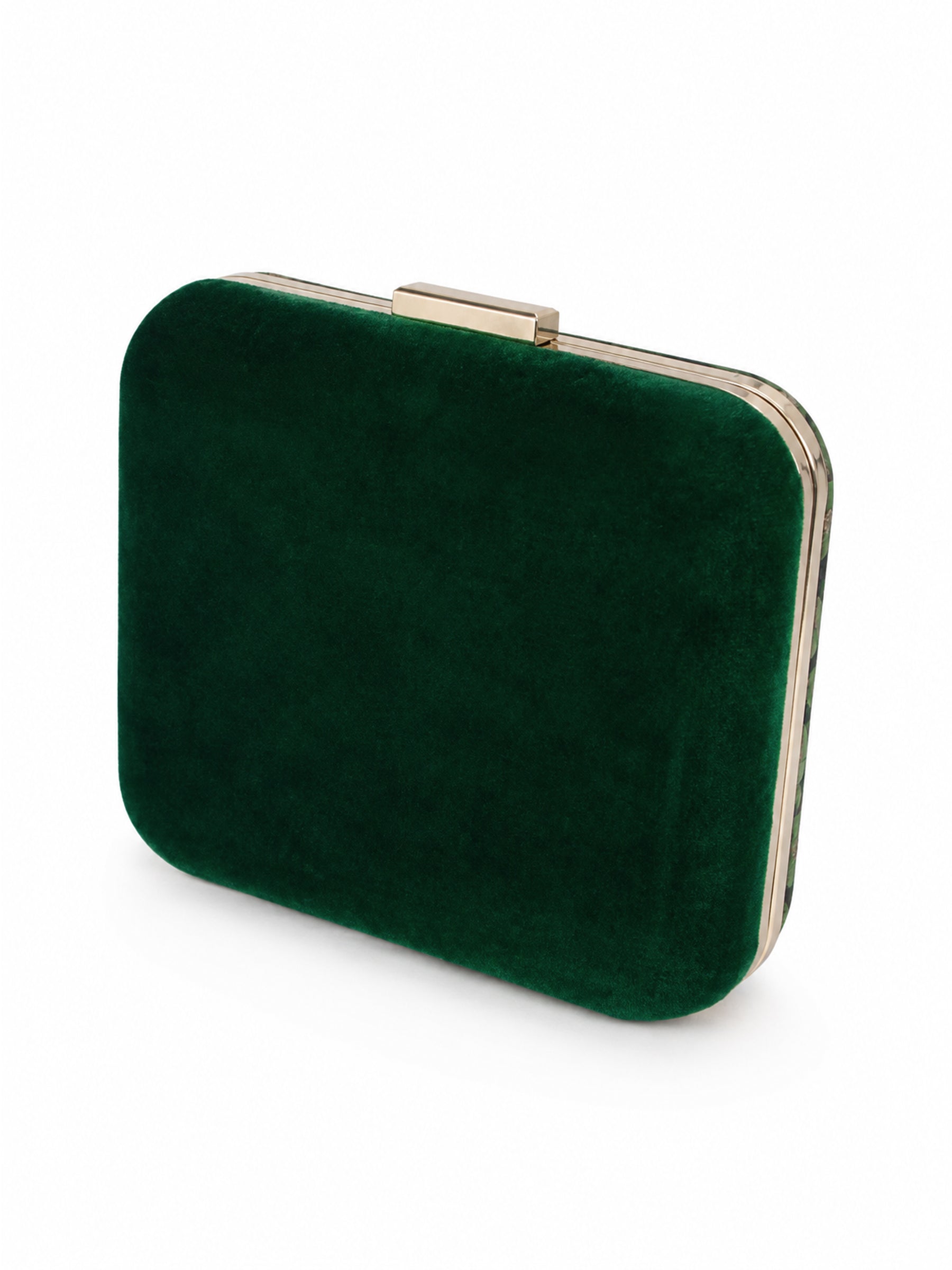 Angled back view of the Hastkala Embroidered Clutch in plain emerald green velvet with a gold-trimmed frame.