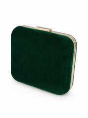 Angled back view of the Hastkala Embroidered Clutch in plain emerald green velvet with a gold-trimmed frame.