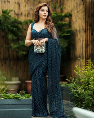 Rubina Wearing Tropical Tiger Queen Clutch White & Blue Satin Minaudière